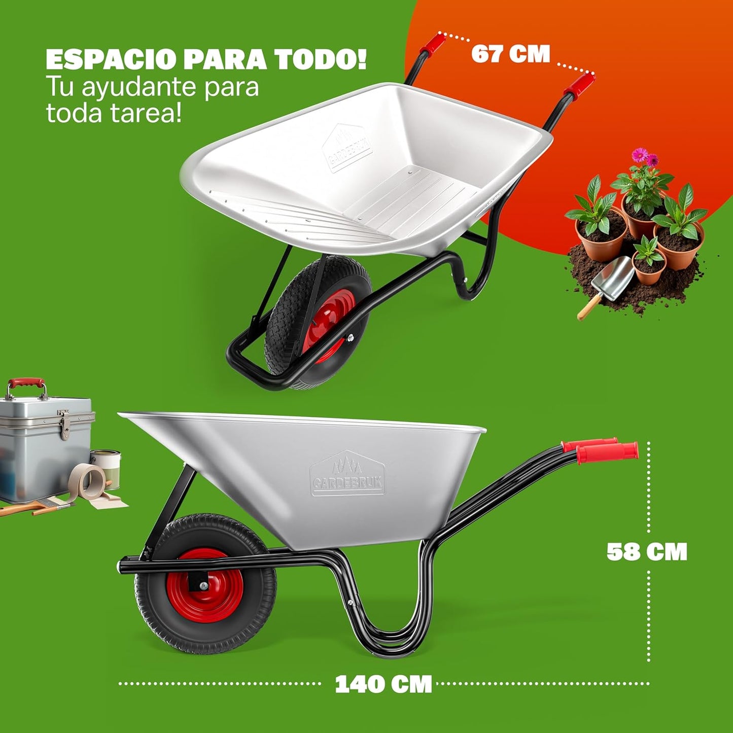 GARDEBRUK® Carretilla de Obra 100 L Capacidad Carga 250 Kg .