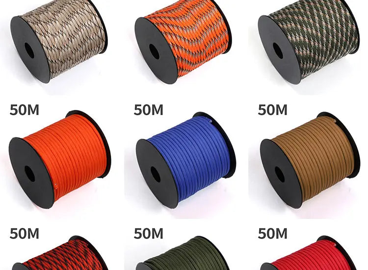 Cuerda de paracaídas de poliéster para exteriores, paragüero militar de 7 núcleos de 50/100M, 4mm, tienda de supervivencia para acampar, tendedero, 550