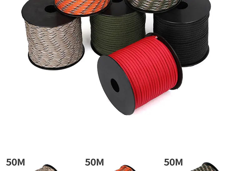 Cuerda de paracaídas de poliéster para exteriores, paragüero militar de 7 núcleos de 50/100M, 4mm, tienda de supervivencia para acampar, tendedero, 550