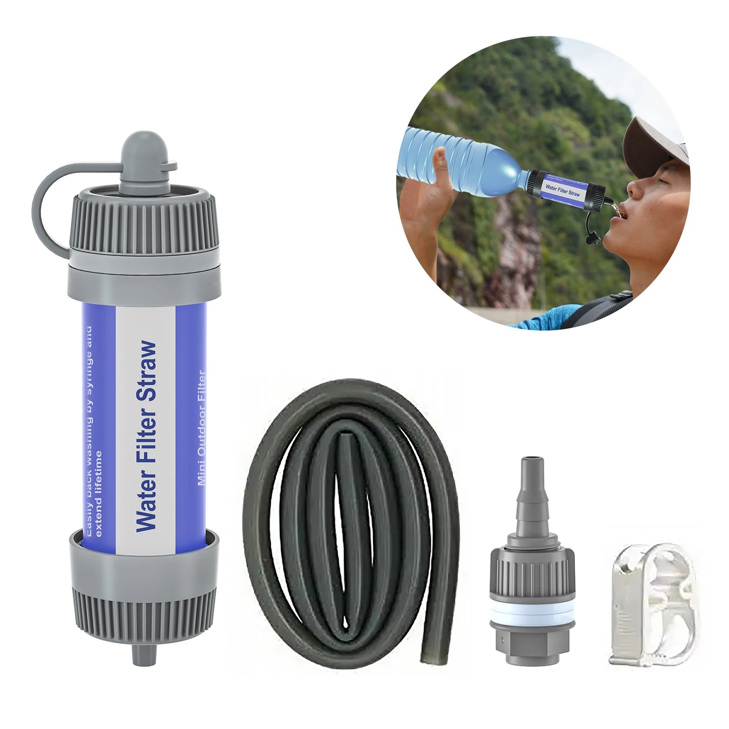Filtro de agua para exteriores, purificador de agua portátil con pajita, equipo de supervivencia para acampar, senderismo, mochilero, preparación para emergencias