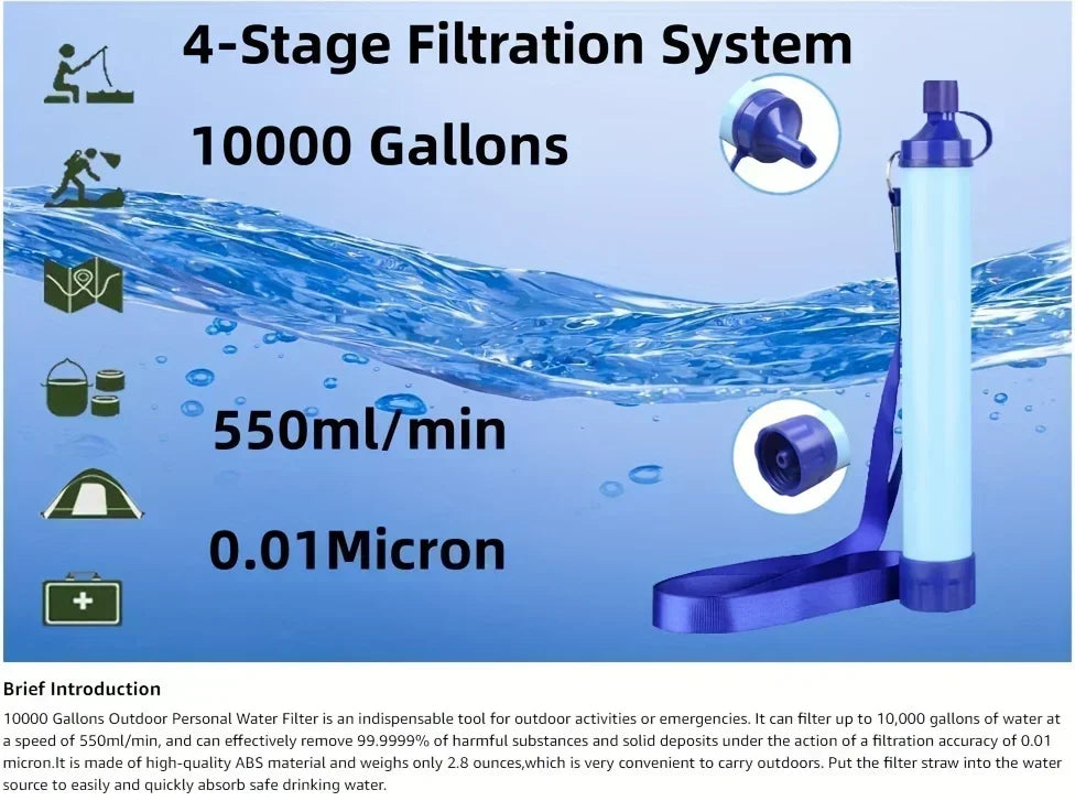 Filtro de agua personal para exteriores de 10000 galones, sistema de filtro ultraligero de 4 etapas de 0,01 micrones, purificador de agua portátil, pajita de supervivencia