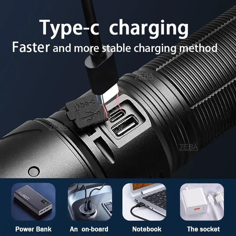 2025 Nuevas linternas LED de alta potencia de 15000 mAh 10000000 Linterna ultra potente LM, linterna recargable por USB, antorcha para acampar al aire libre