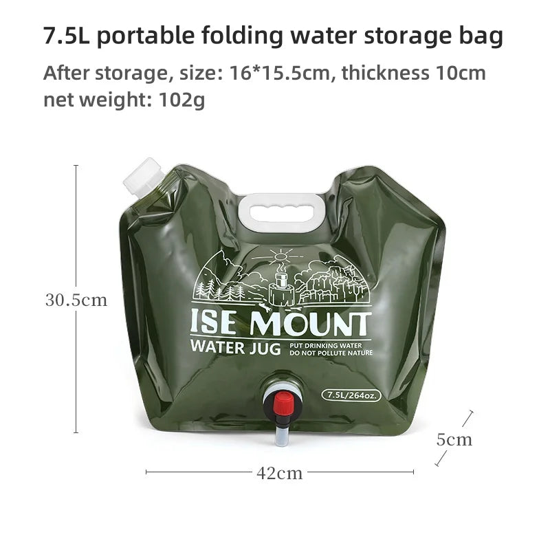 Contenedor de agua portátil de gran capacidad de 7,5 L con espiga y mango para acampar.