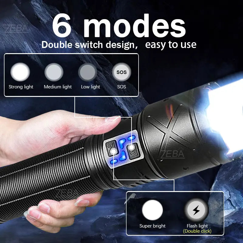 2025 Nuevas linternas LED de alta potencia de 15000 mAh 10000000 Linterna ultra potente LM, linterna recargable por USB, antorcha para acampar al aire libre