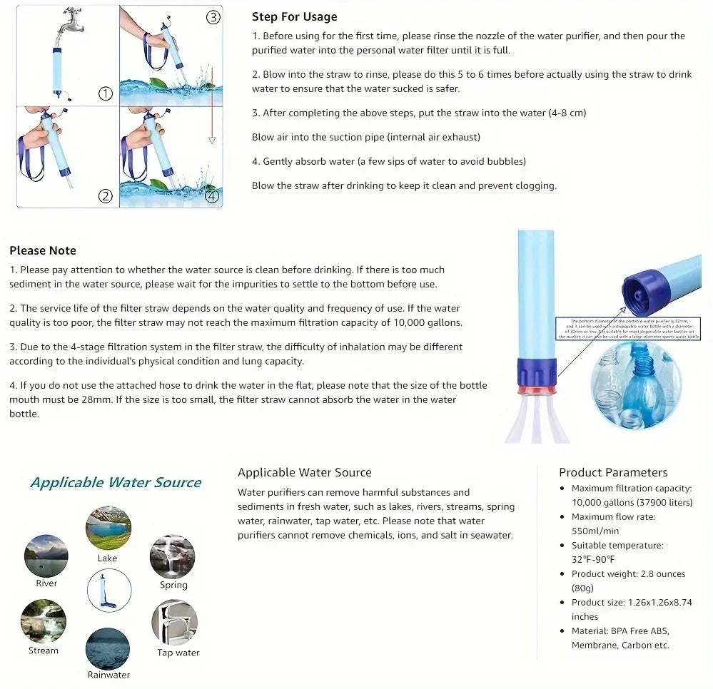 Filtro de agua personal para exteriores de 10000 galones, sistema de filtro ultraligero de 4 etapas de 0,01 micrones, purificador de agua portátil, pajita de supervivencia