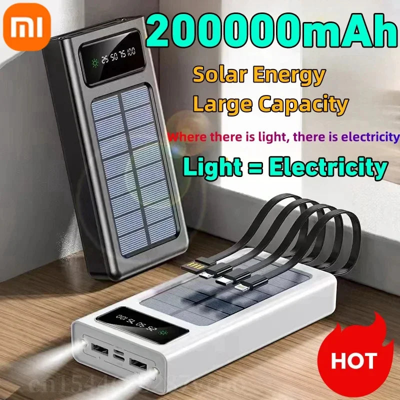 Xiaomi-Banco de energía Solar 4 en 1, batería externa de 200000mAh, Ultra capacidad, carga superrápida, USB tipo C, luz LED, para exteriores, para iPhone
