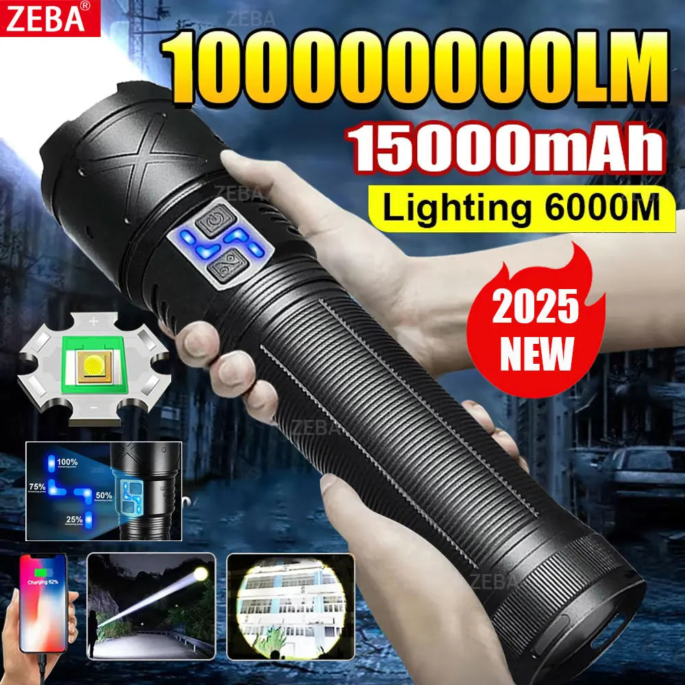 2025 Nuevas linternas LED de alta potencia de 15000 mAh 10000000 Linterna ultra potente LM, linterna recargable por USB, antorcha para acampar al aire libre