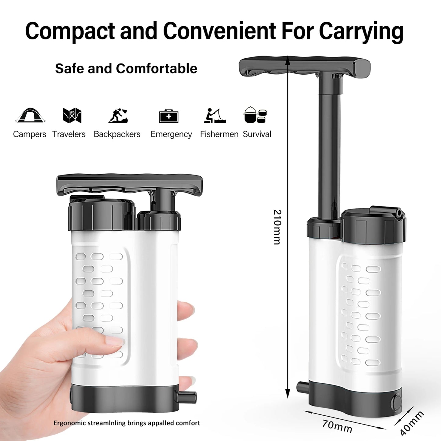 Bomba purificadora de agua, sistema de filtración de agua con filtro de agua de 0,01 micras, equipo de supervivencia de emergencia para exteriores, Camping y senderismo