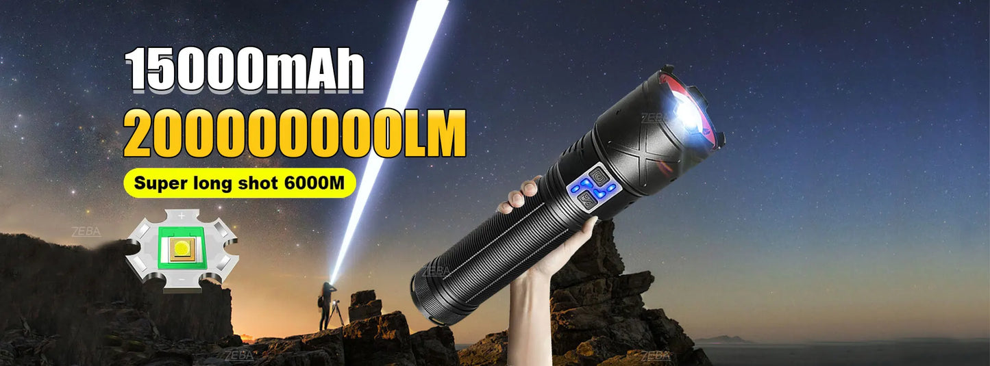 2025 Nuevas linternas LED de alta potencia de 15000 mAh 10000000 Linterna ultra potente LM, linterna recargable por USB, antorcha para acampar al aire libre