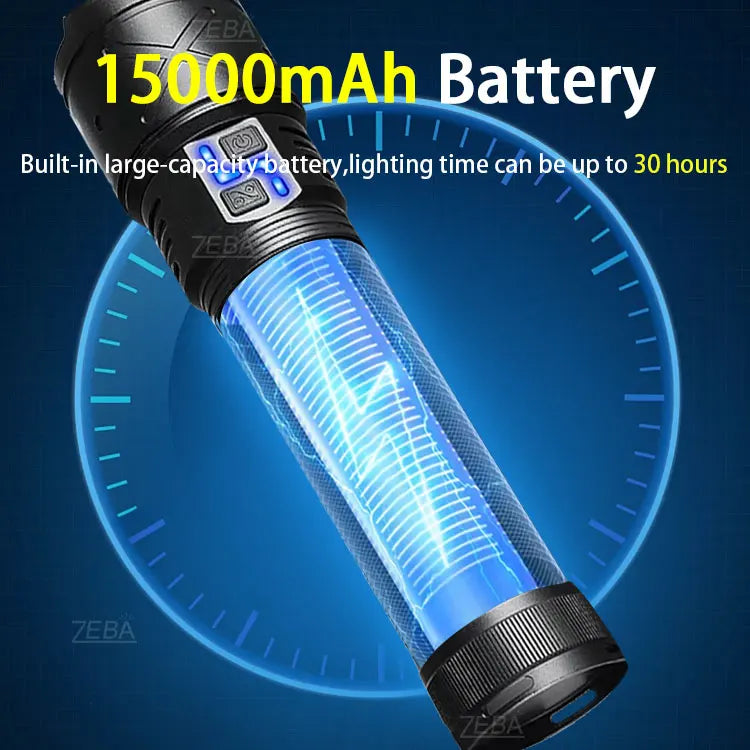 2025 Nuevas linternas LED de alta potencia de 15000 mAh 10000000 Linterna ultra potente LM, linterna recargable por USB, antorcha para acampar al aire libre