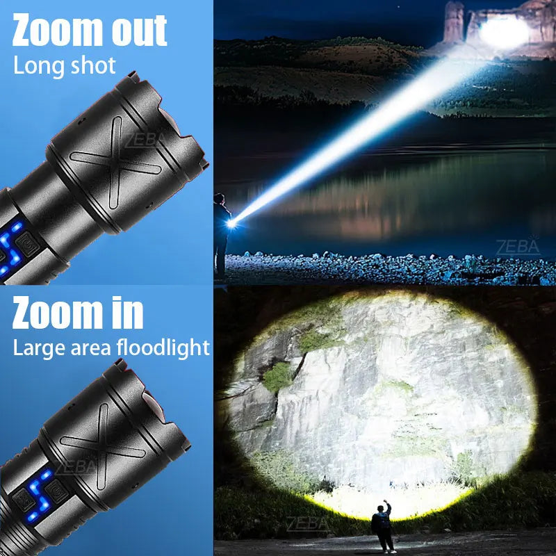 2025 Nuevas linternas LED de alta potencia de 15000 mAh 10000000 Linterna ultra potente LM, linterna recargable por USB, antorcha para acampar al aire libre