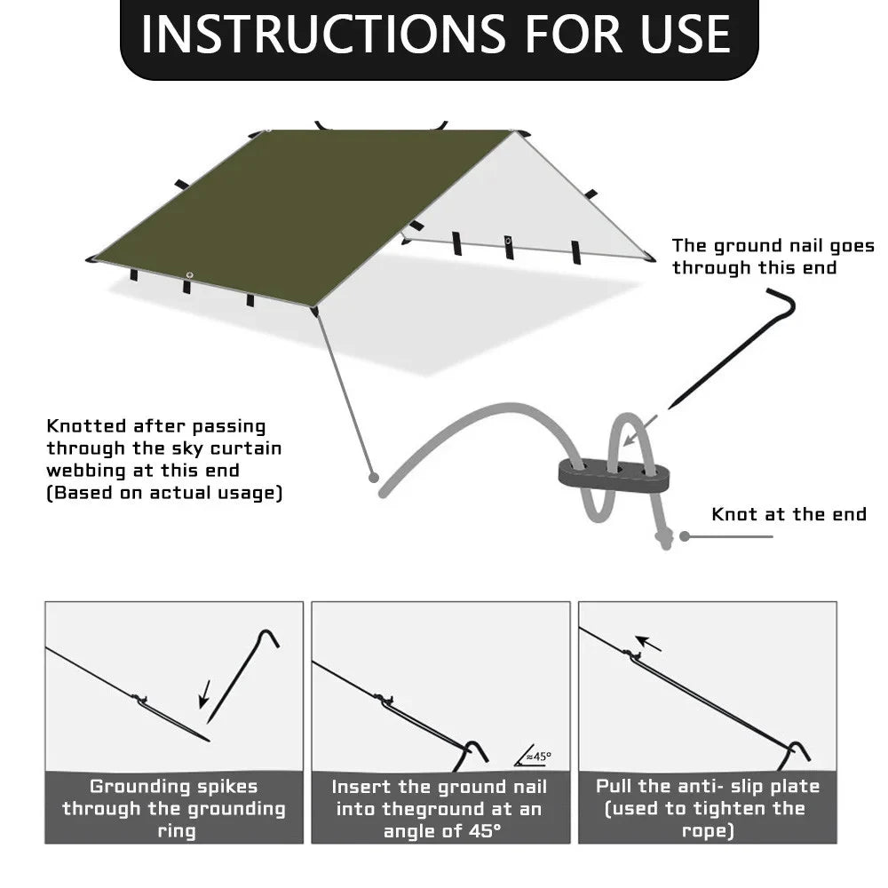 Lona de 19 puntos colgantes, impermeable, supervivencia, Bushcraft, refugio solar, tienda de sombra de playa, dosel para exteriores, toldo turístico para mochilero, 4x4, 3x3m