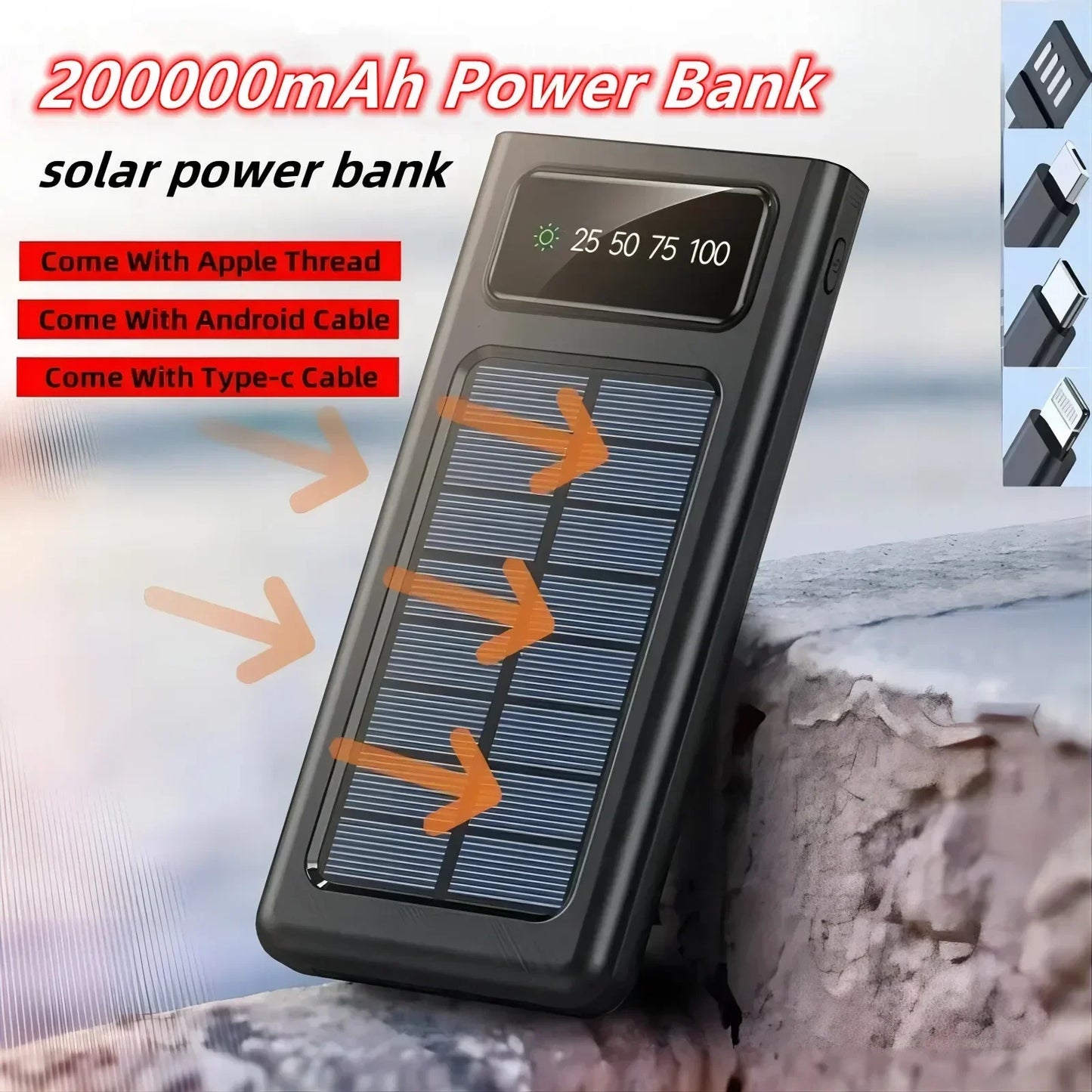 Xiaomi-Banco de energía Solar 4 en 1, batería externa de 200000mAh, Ultra capacidad, carga superrápida, USB tipo C, luz LED, para exteriores, para iPhone