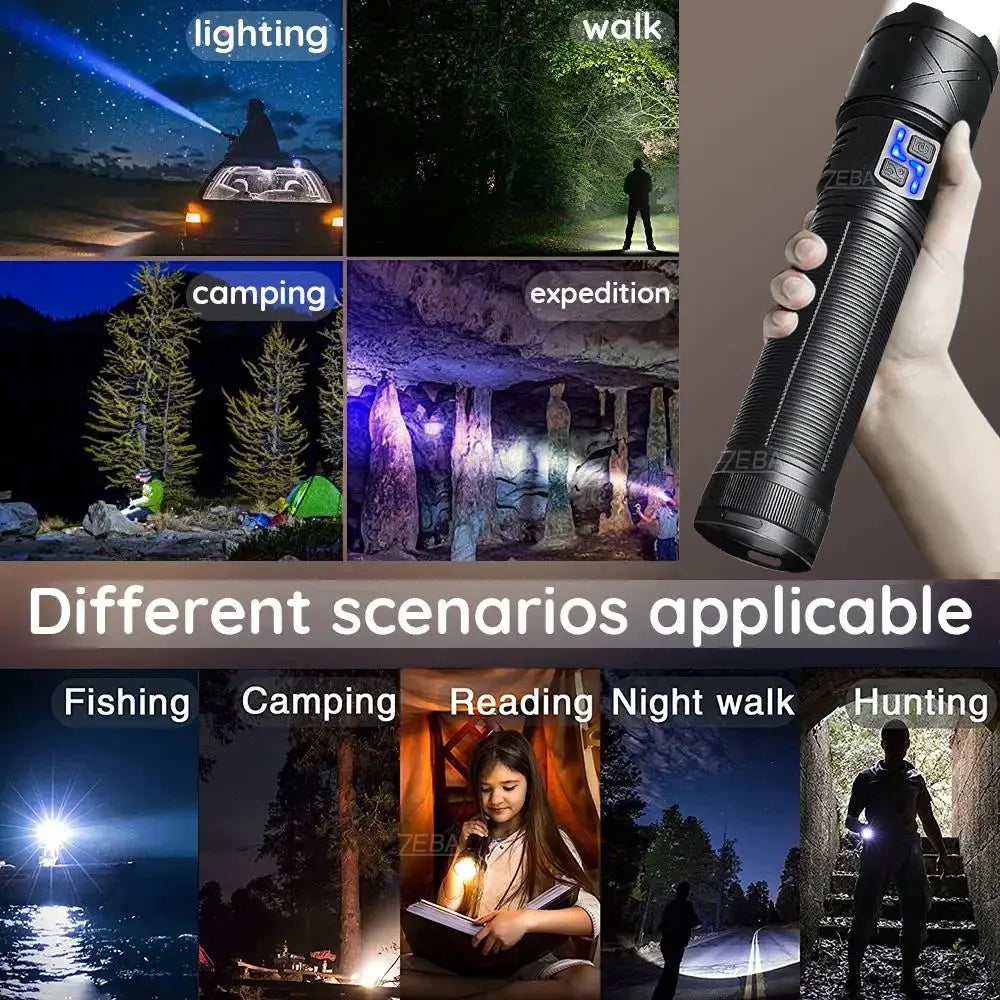 2025 Nuevas linternas LED de alta potencia de 15000 mAh 10000000 Linterna ultra potente LM, linterna recargable por USB, antorcha para acampar al aire libre