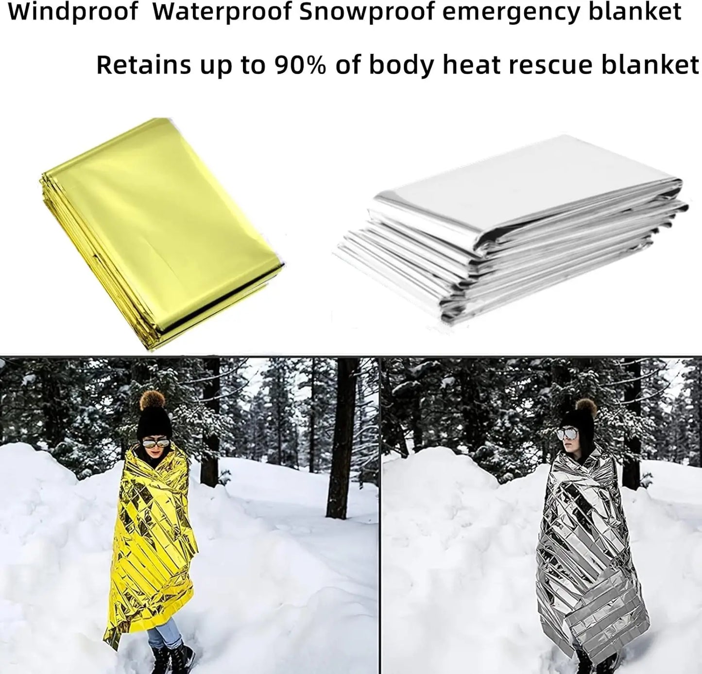 Manta térmica de película de poliéster de emergencia, manta de supervivencia de lámina dorada plateada, juego de supervivencia de manta espacial, adecuada para exteriores