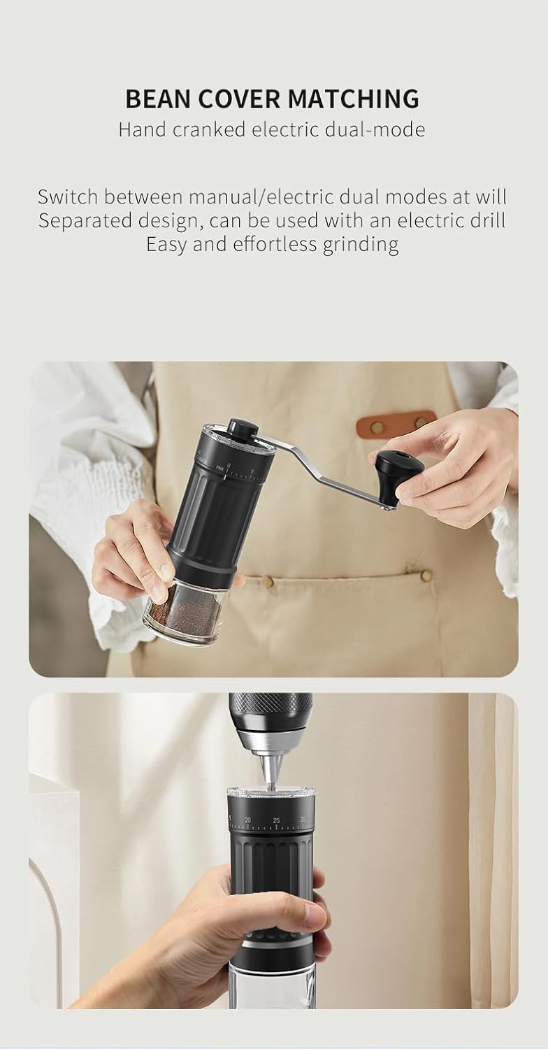 Molino de café manual externo y ajustable.