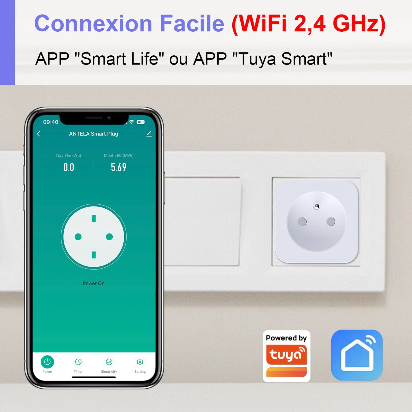 ANTELA Enchufe Inteligente WiFi 16A 3680W  Compatible con Alexa y Google Home.