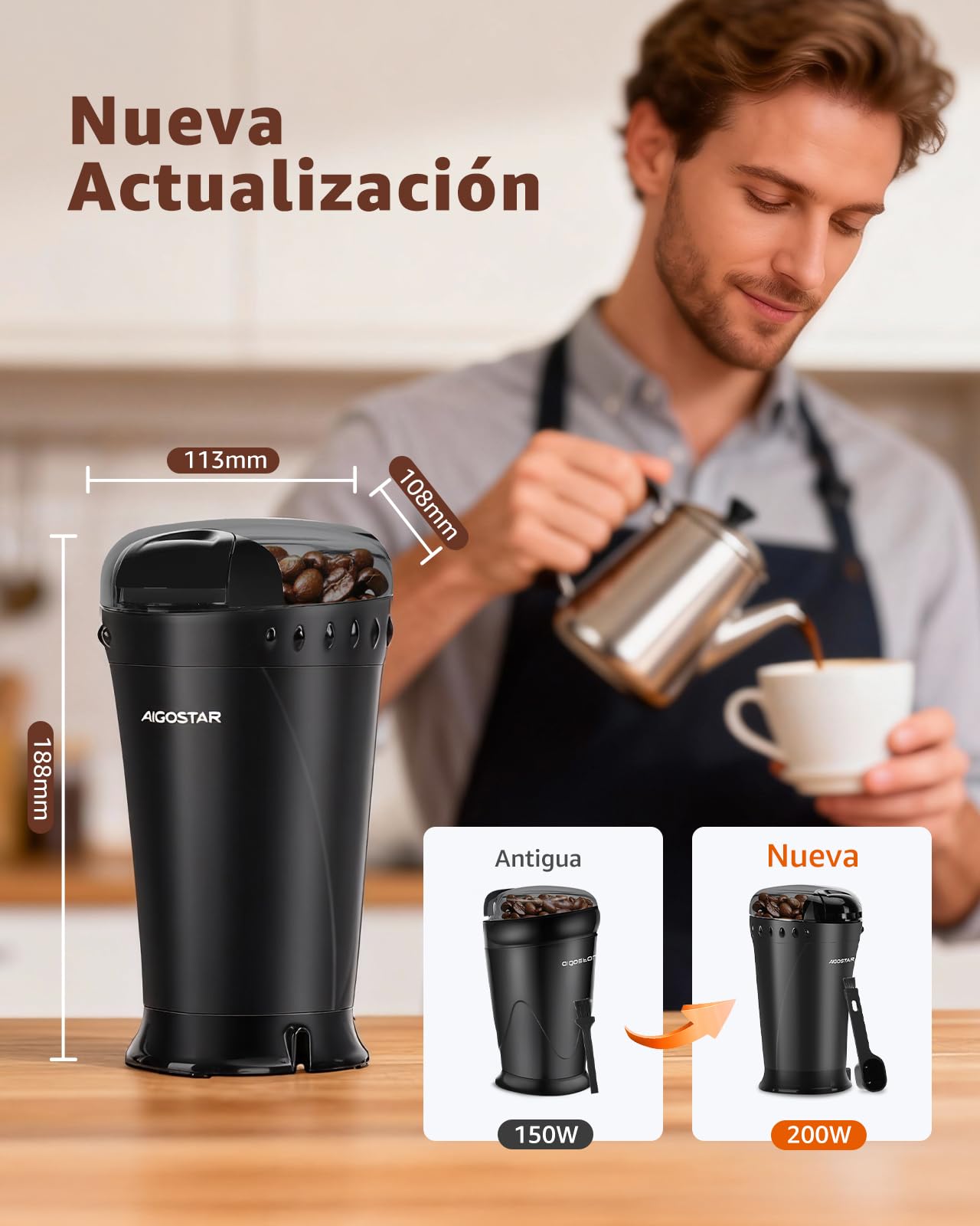 Aigostar Molinillo Cafe Electrico con Cuchillas Acero Inoxidable.