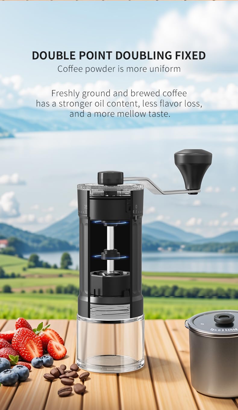 Molino de café manual externo y ajustable.
