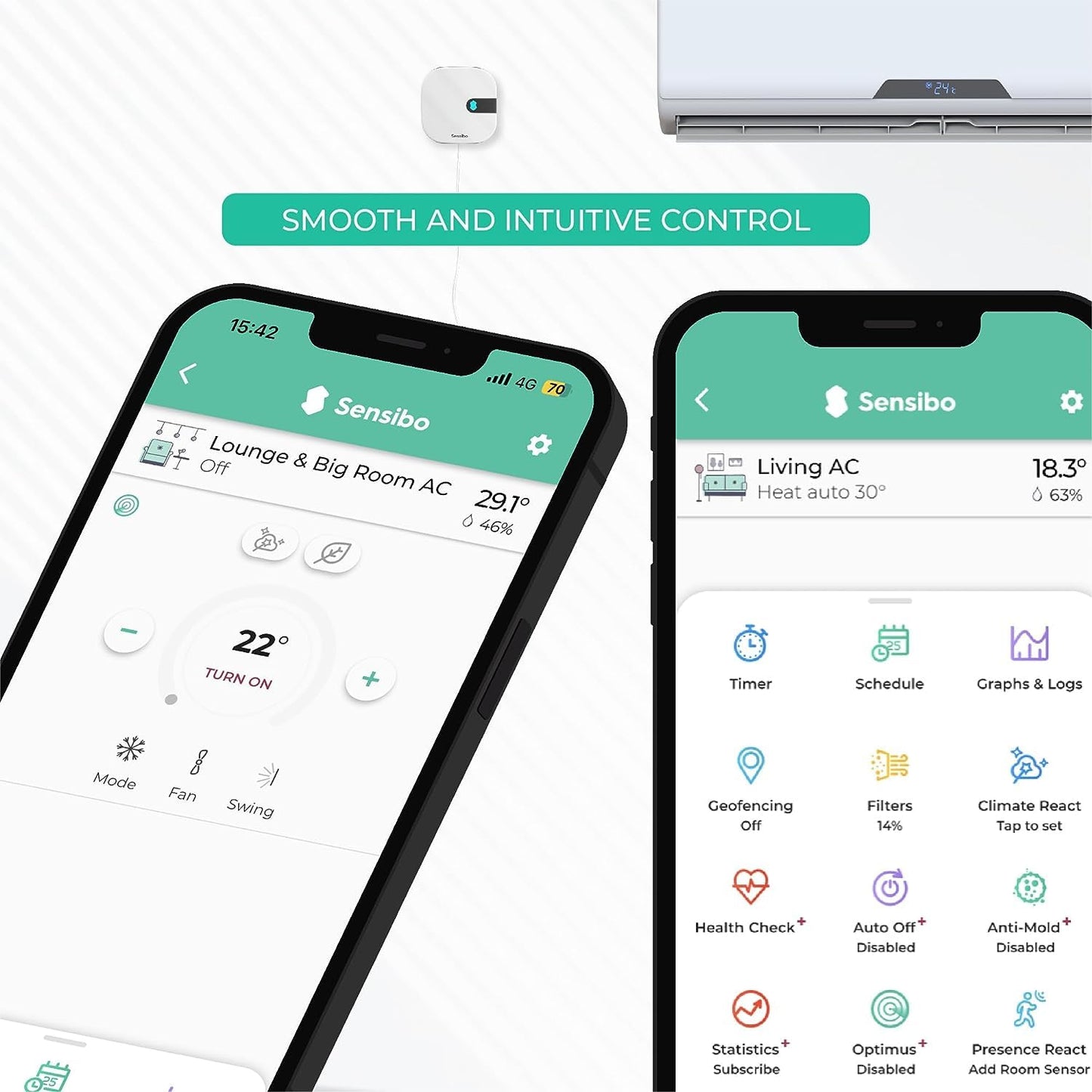 Sensibo Air Pro Controlador Inteligente para Aire Acondicionado y Sensor de Calidad del Aire Google, Alexa, Siri, Apple HomeKit