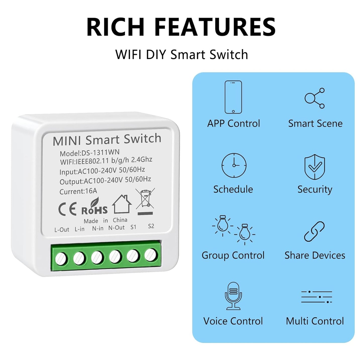 4PC Interruptor de Luz Inteligente WIFI, Interruptore Inteligente, Smart Switch,Interruptori Inteligente Compatible con Alexa,Tuya y Smart Life,Interruptori WIFI, Interruptor Alexa