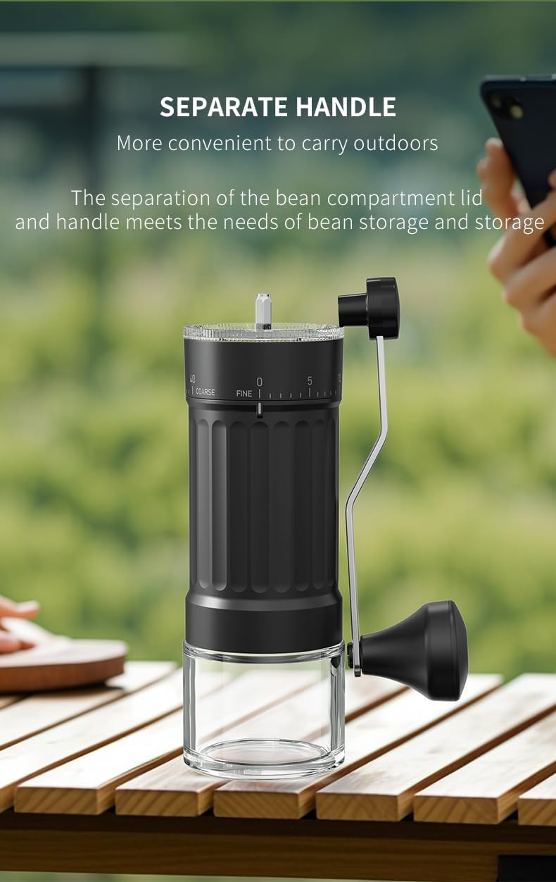 Molino de café manual externo y ajustable.