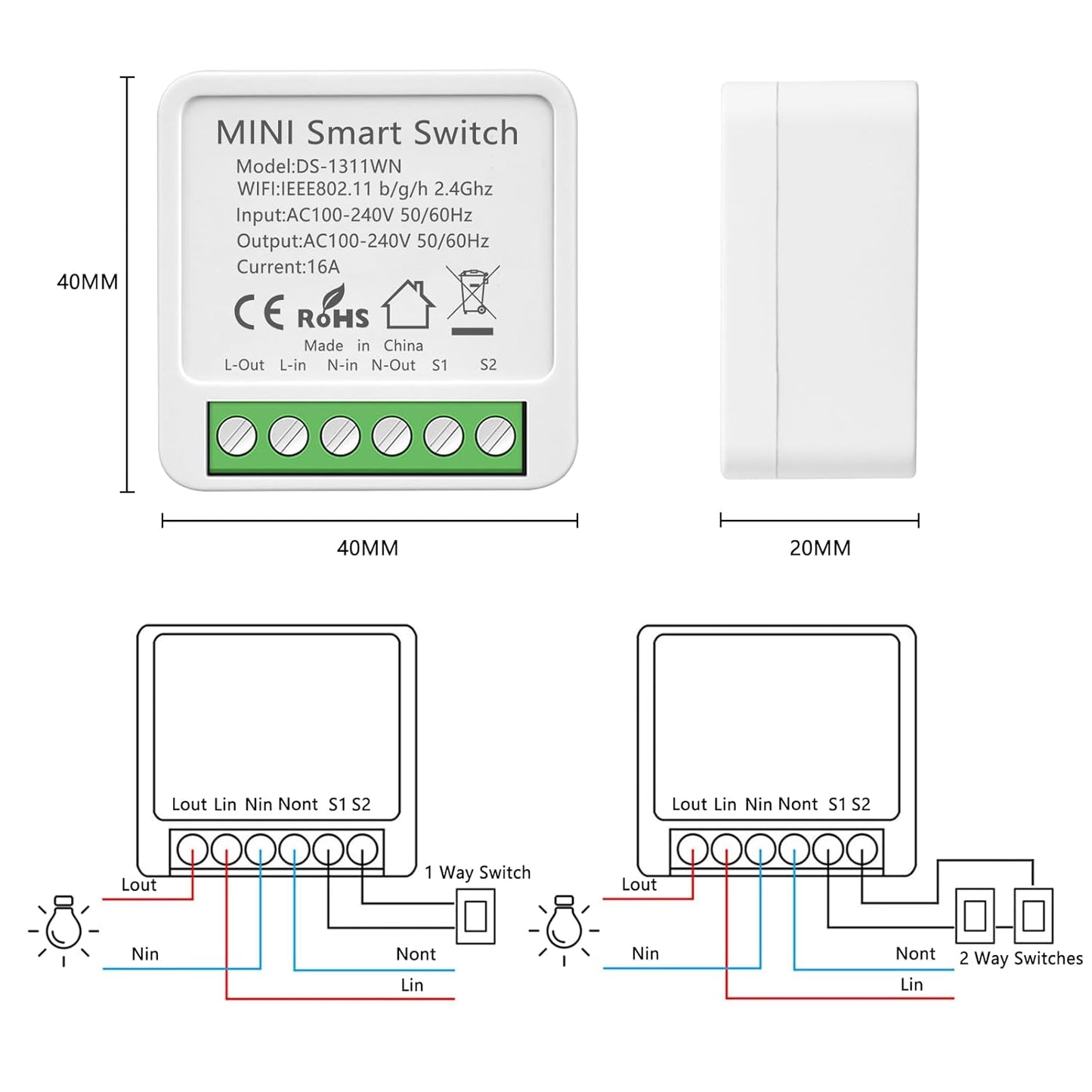 4PC Interruptor de Luz Inteligente WIFI, Interruptore Inteligente, Smart Switch,Interruptori Inteligente Compatible con Alexa,Tuya y Smart Life,Interruptori WIFI, Interruptor Alexa