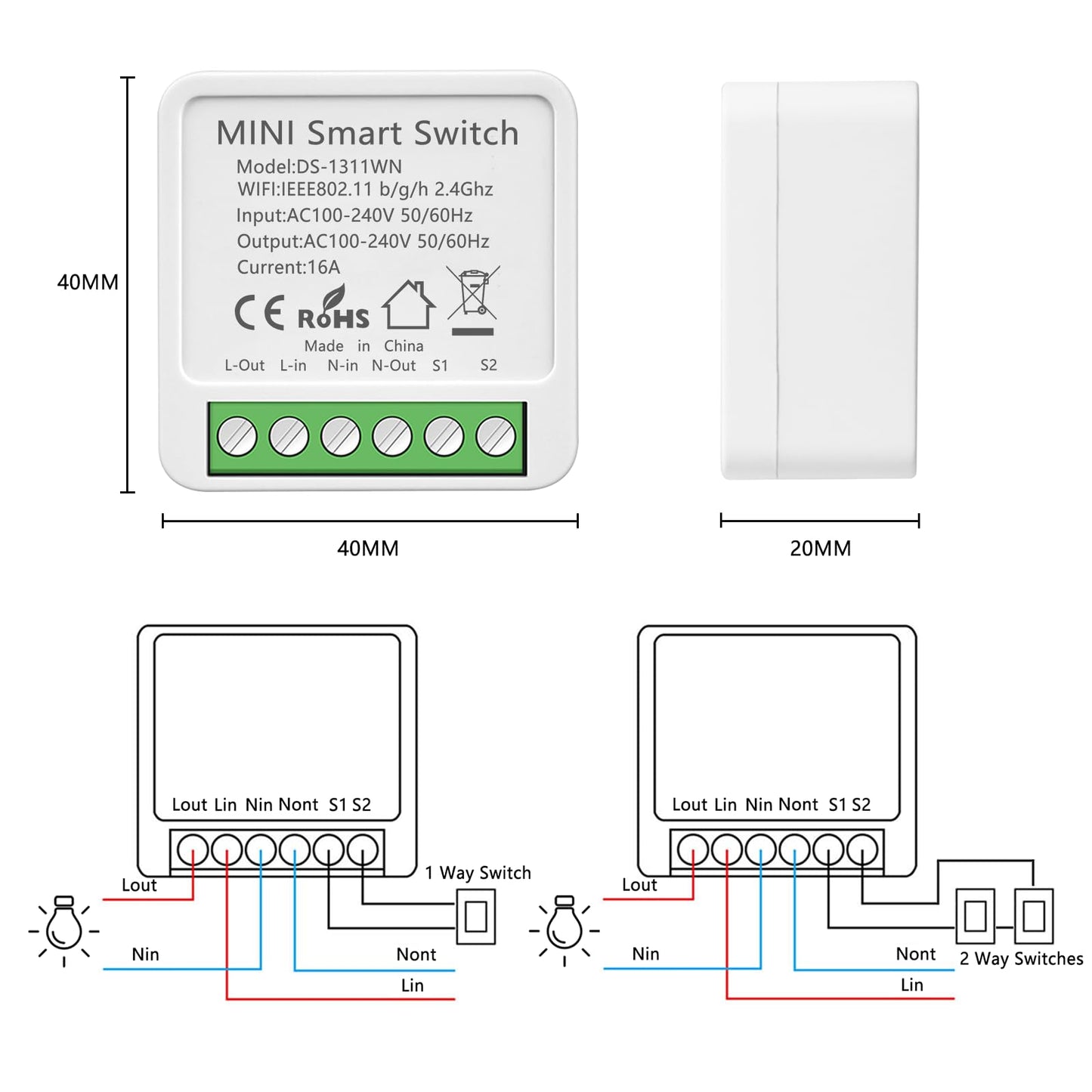 4PC Interruptor de Luz Inteligente WIFI, Interruptore Inteligente, Smart Switch,Interruptori Inteligente Compatible con Alexa,Tuya y Smart Life,Interruptori WIFI, Interruptor Alexa