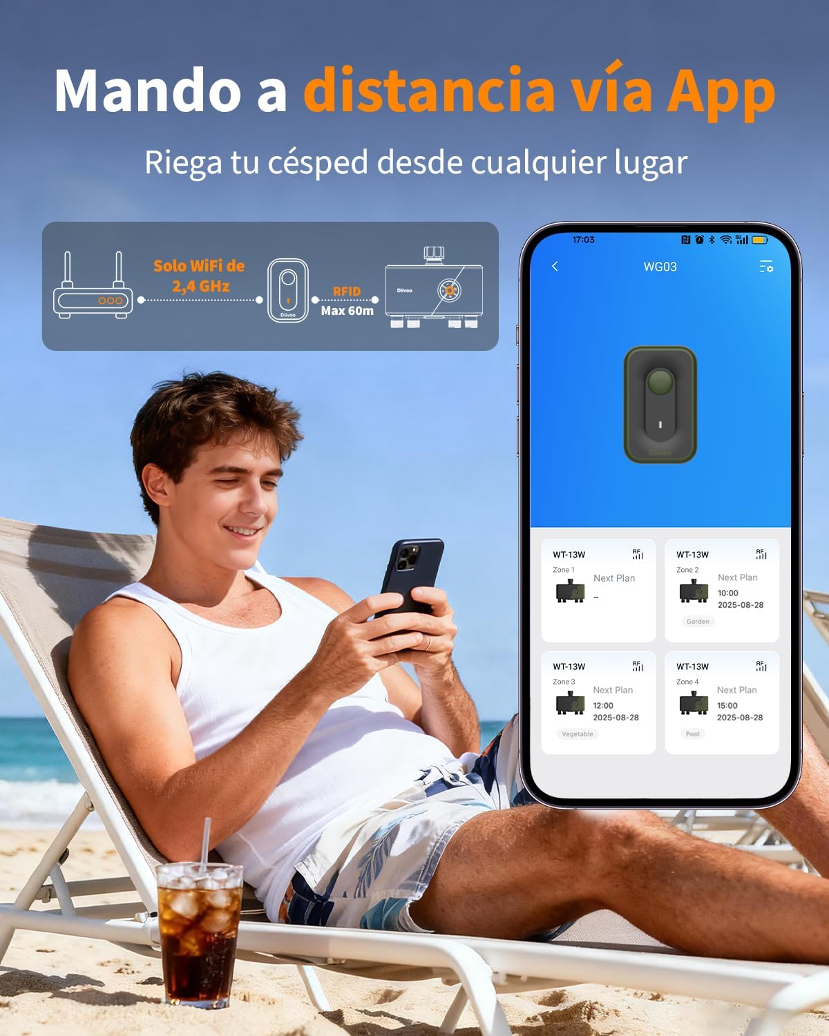 Diivoo Programador Riego WiFi 4 Zonas con Entrada de Latón, Compatible con Alexa/Google Assistant.