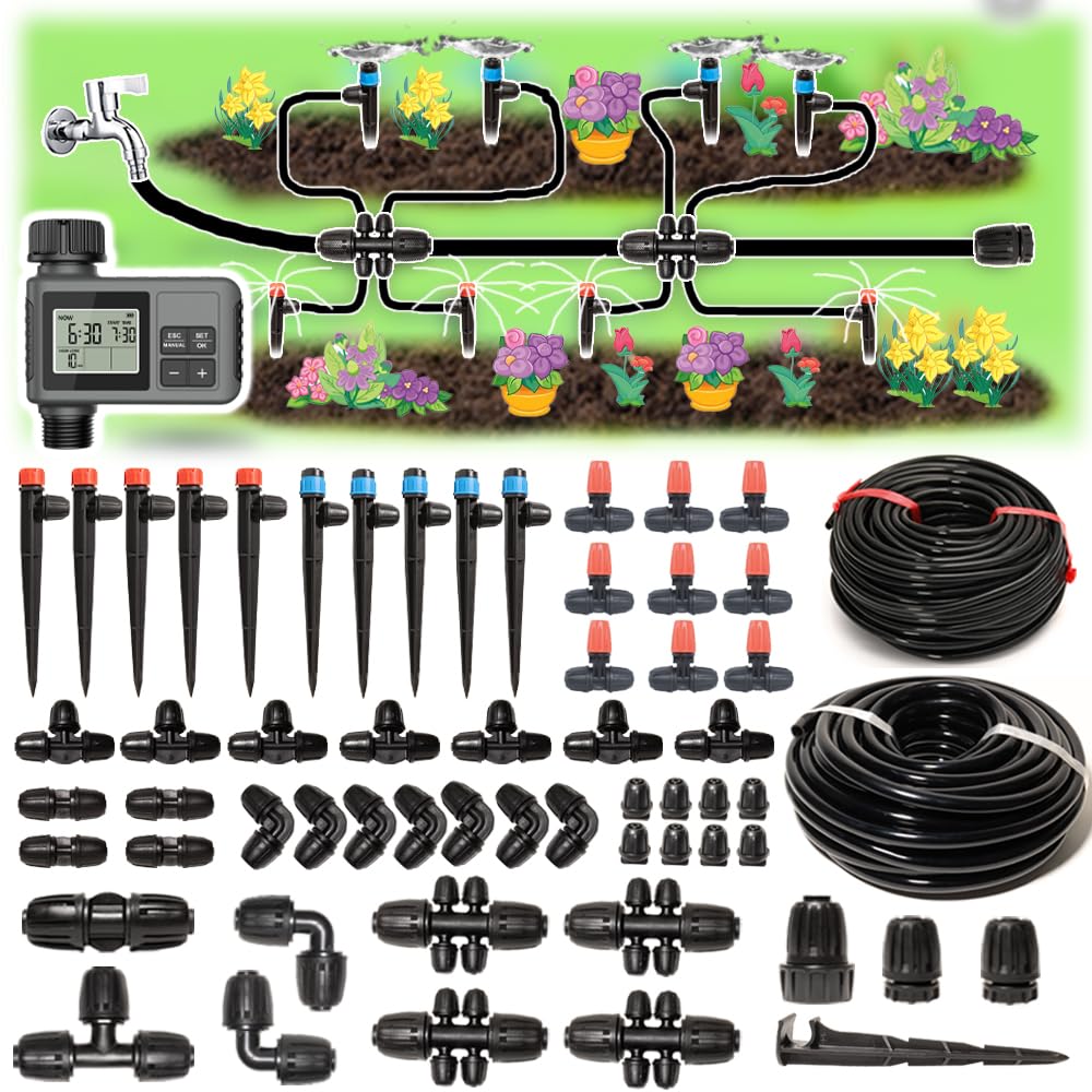 Sistema de riego por goteo 70M con temporizador para kit de jardín.