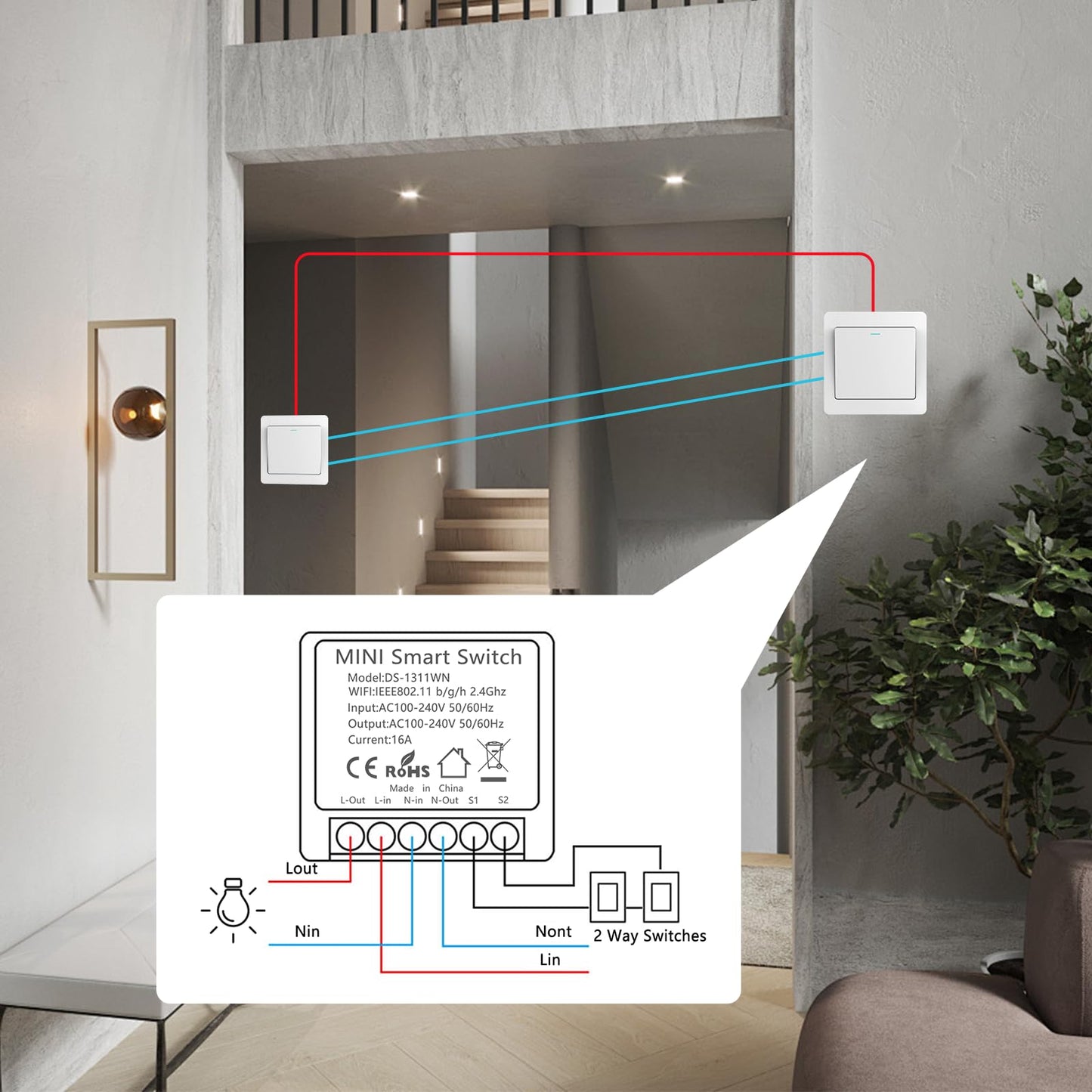 4PC Interruptor de Luz Inteligente WIFI, Interruptore Inteligente, Smart Switch,Interruptori Inteligente Compatible con Alexa,Tuya y Smart Life,Interruptori WIFI, Interruptor Alexa