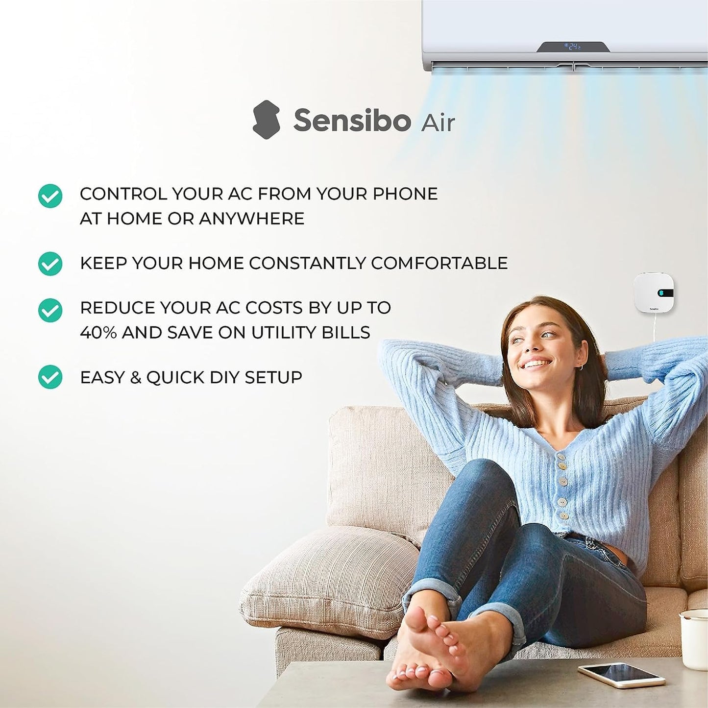 Sensibo Air Pro Controlador Inteligente para Aire Acondicionado y Sensor de Calidad del Aire Google, Alexa, Siri, Apple HomeKit