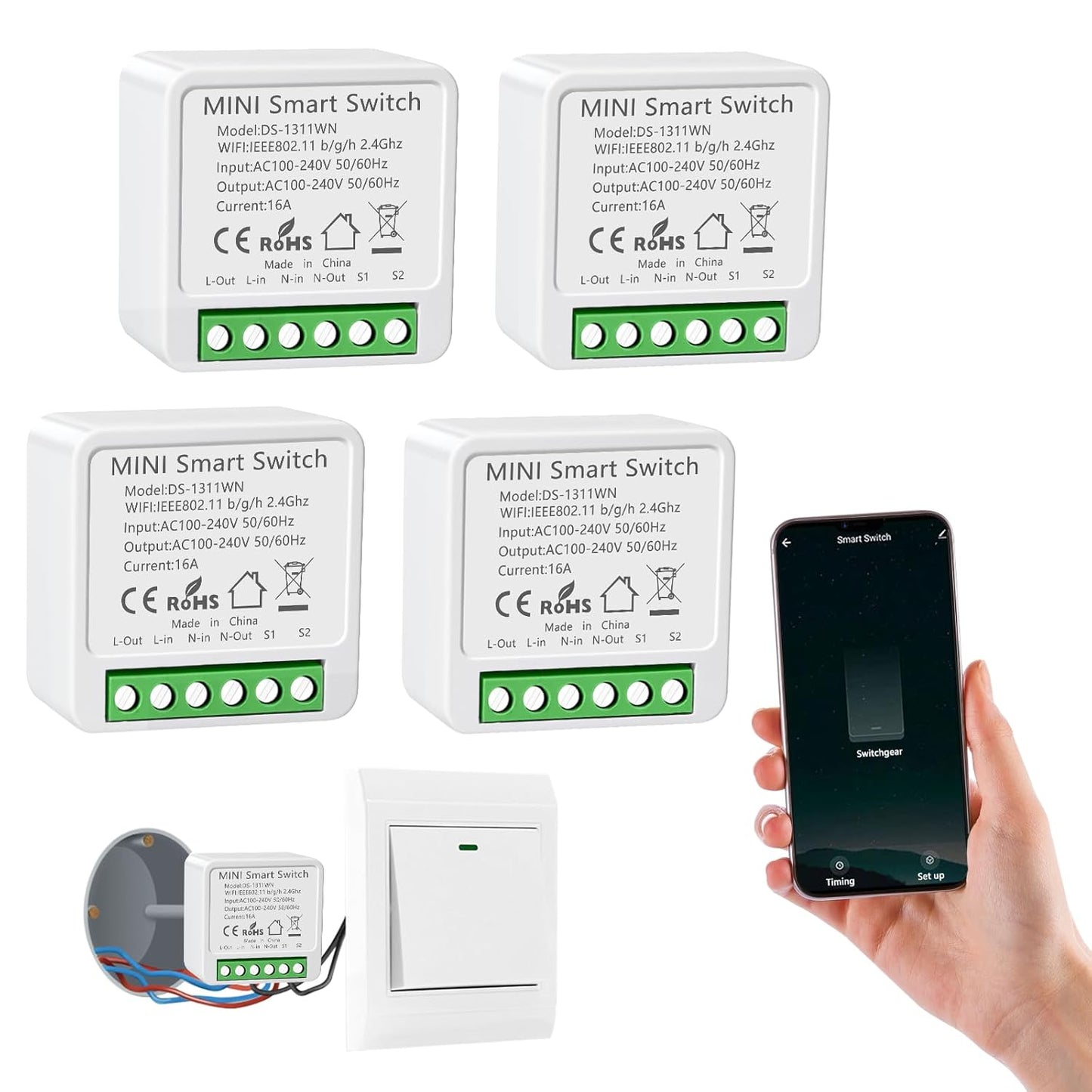 4PC Interruptor de Luz Inteligente WIFI, Interruptore Inteligente, Smart Switch,Interruptori Inteligente Compatible con Alexa,Tuya y Smart Life,Interruptori WIFI, Interruptor Alexa