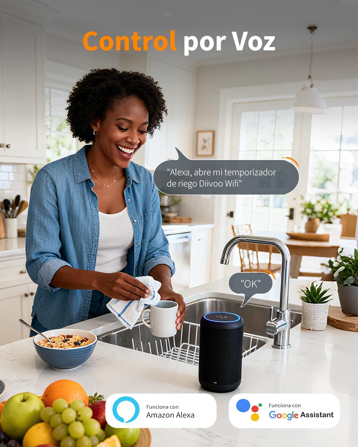 Diivoo Programador Riego WiFi 4 Zonas con Entrada de Latón, Compatible con Alexa/Google Assistant.