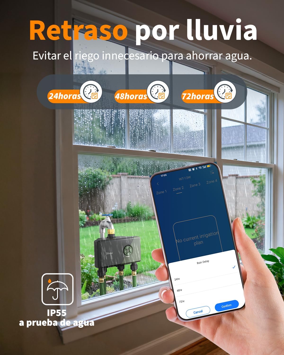 Diivoo Programador Riego WiFi 4 Zonas con Entrada de Latón, Compatible con Alexa/Google Assistant.