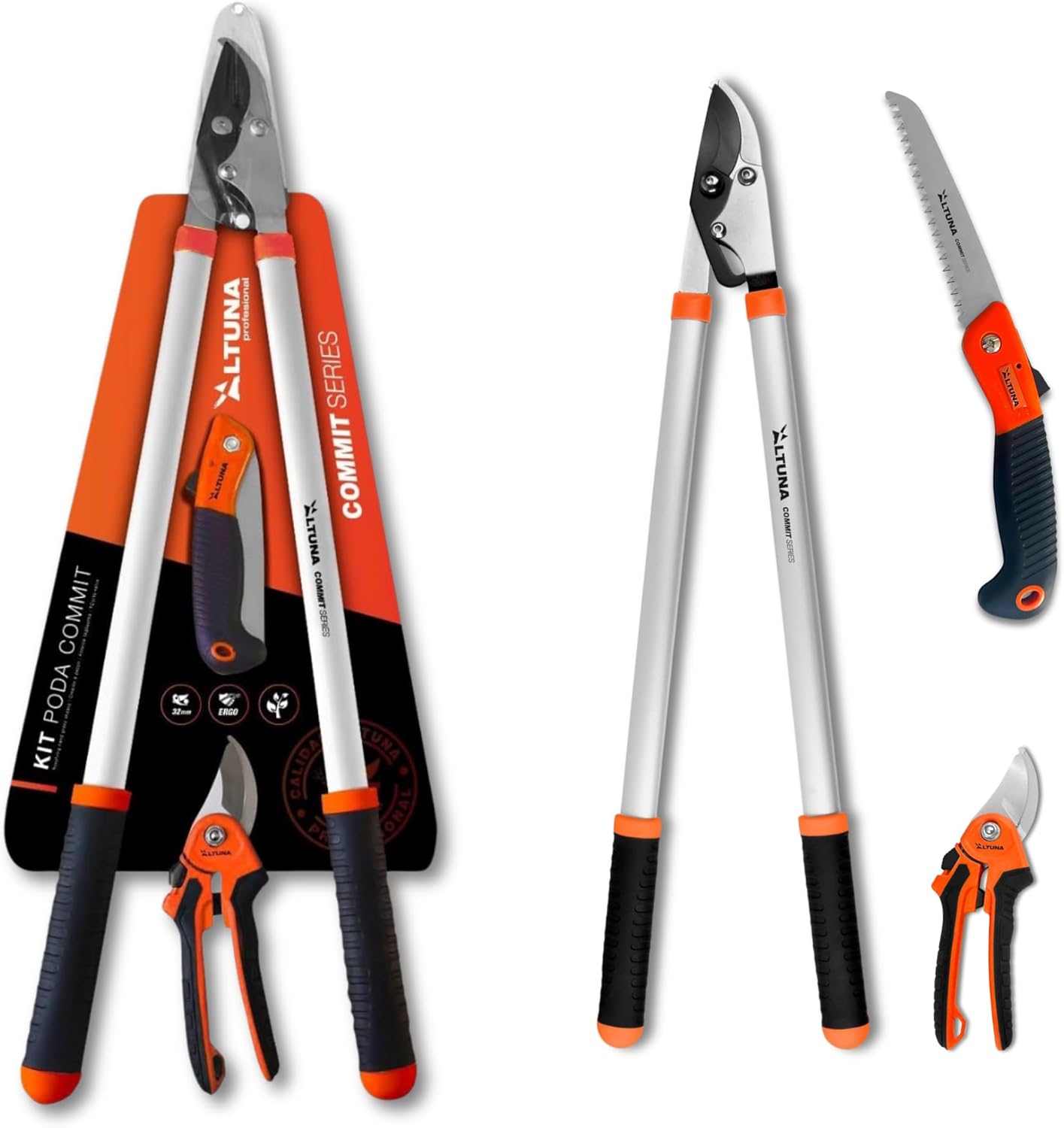 Altuna - Kit de Poda - Incluye Tijera de Poda a 2 Manos + Tijera 1 Mano para Jardín + Serrucho Plegable con Dentado Japonés.