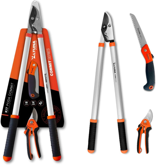 Altuna - Kit de Poda - Incluye Tijera de Poda a 2 Manos + Tijera 1 Mano para Jardín + Serrucho Plegable con Dentado Japonés.