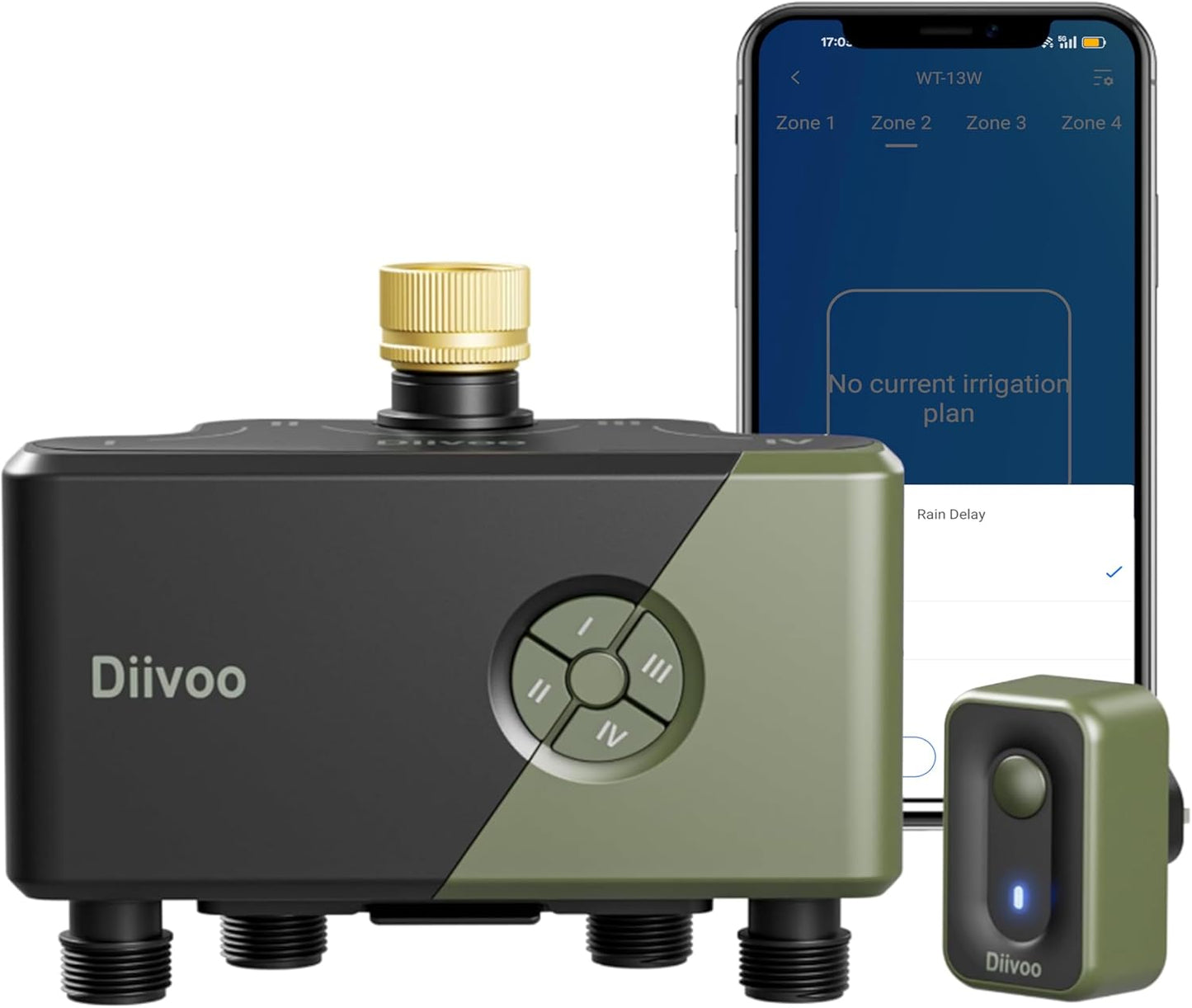 Diivoo Programador Riego WiFi 4 Zonas con Entrada de Latón, Compatible con Alexa/Google Assistant.