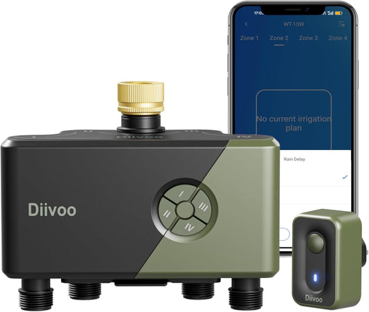Diivoo Programador Riego WiFi 4 Zonas con Entrada de Latón, Compatible con Alexa/Google Assistant.