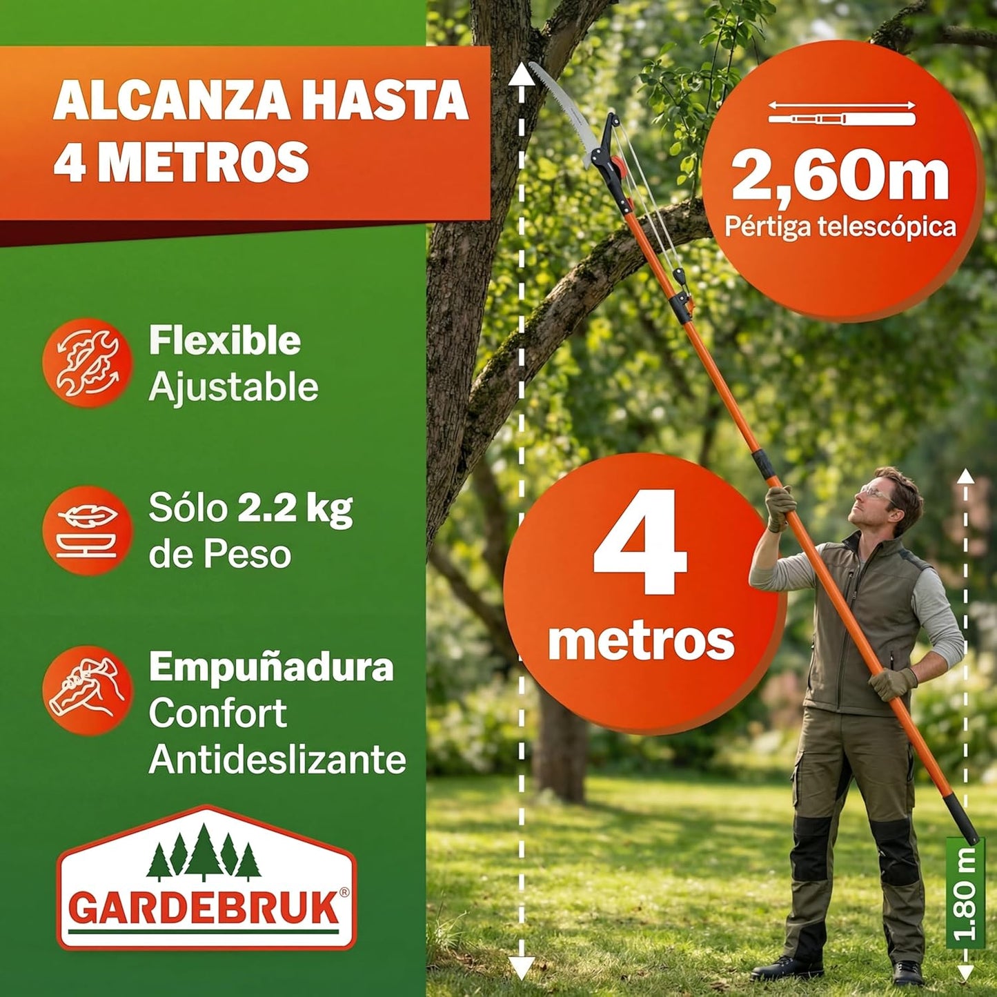 DEUBA® Tijeras de Podar Telescópica  de altura 2 en 1, 4 Metros.