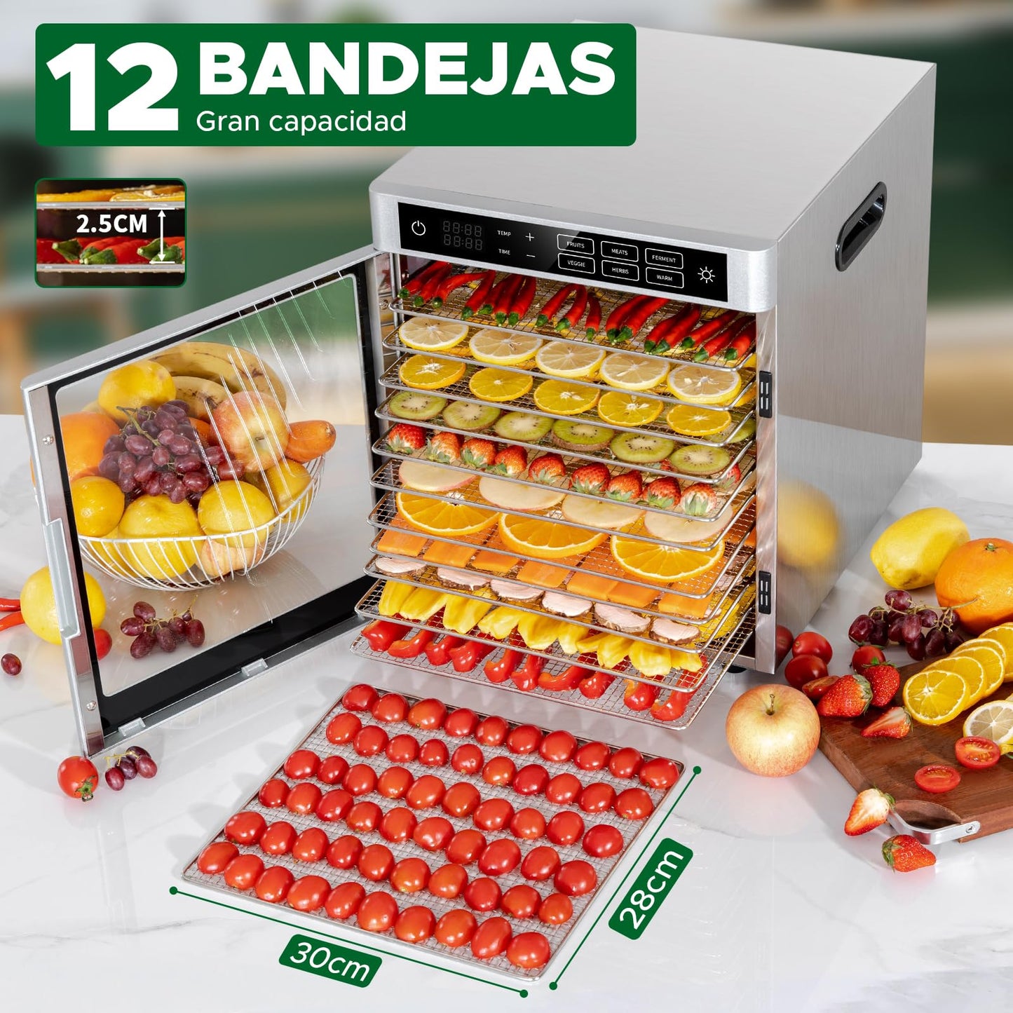Kwasyo Deshidratador de Alimentos Acero Inoxidable 12 Bandejas.