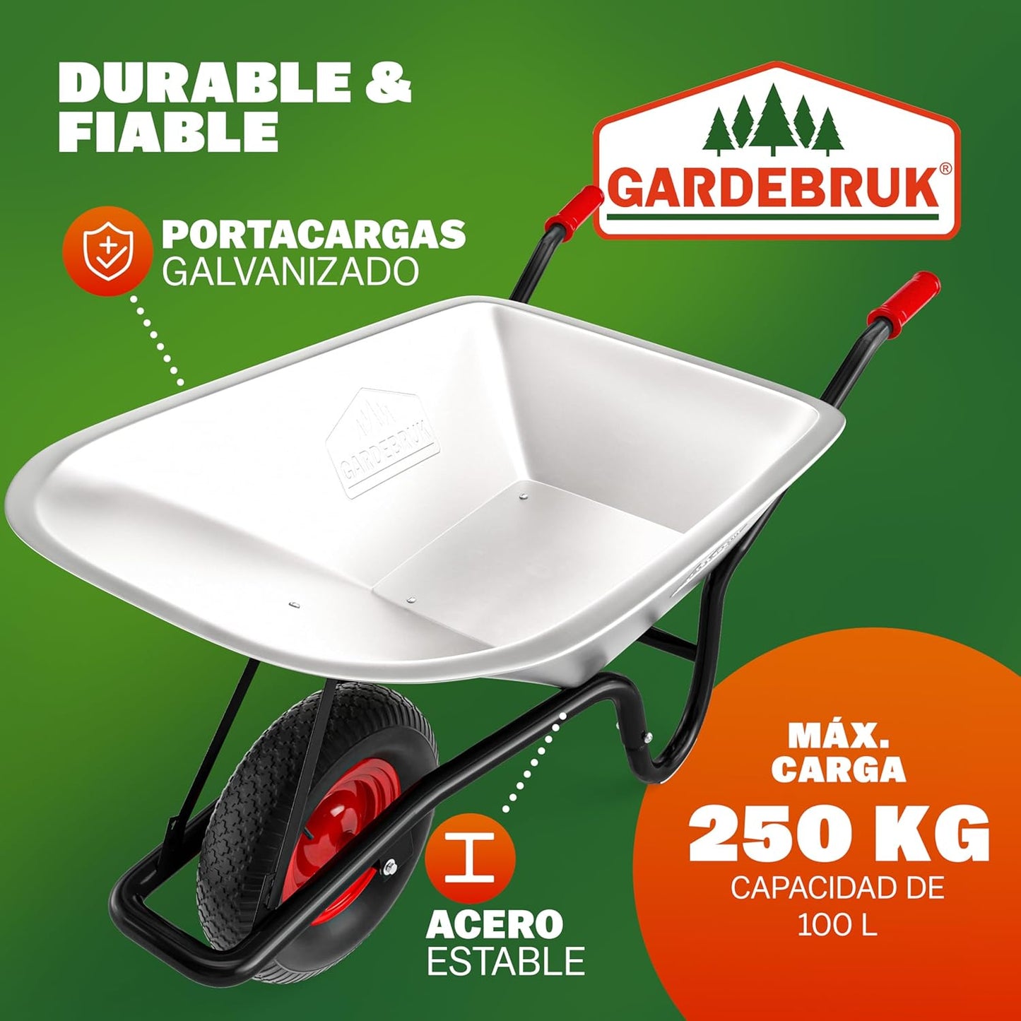 GARDEBRUK® Carretilla de Obra 100 L Capacidad Carga 250 Kg .