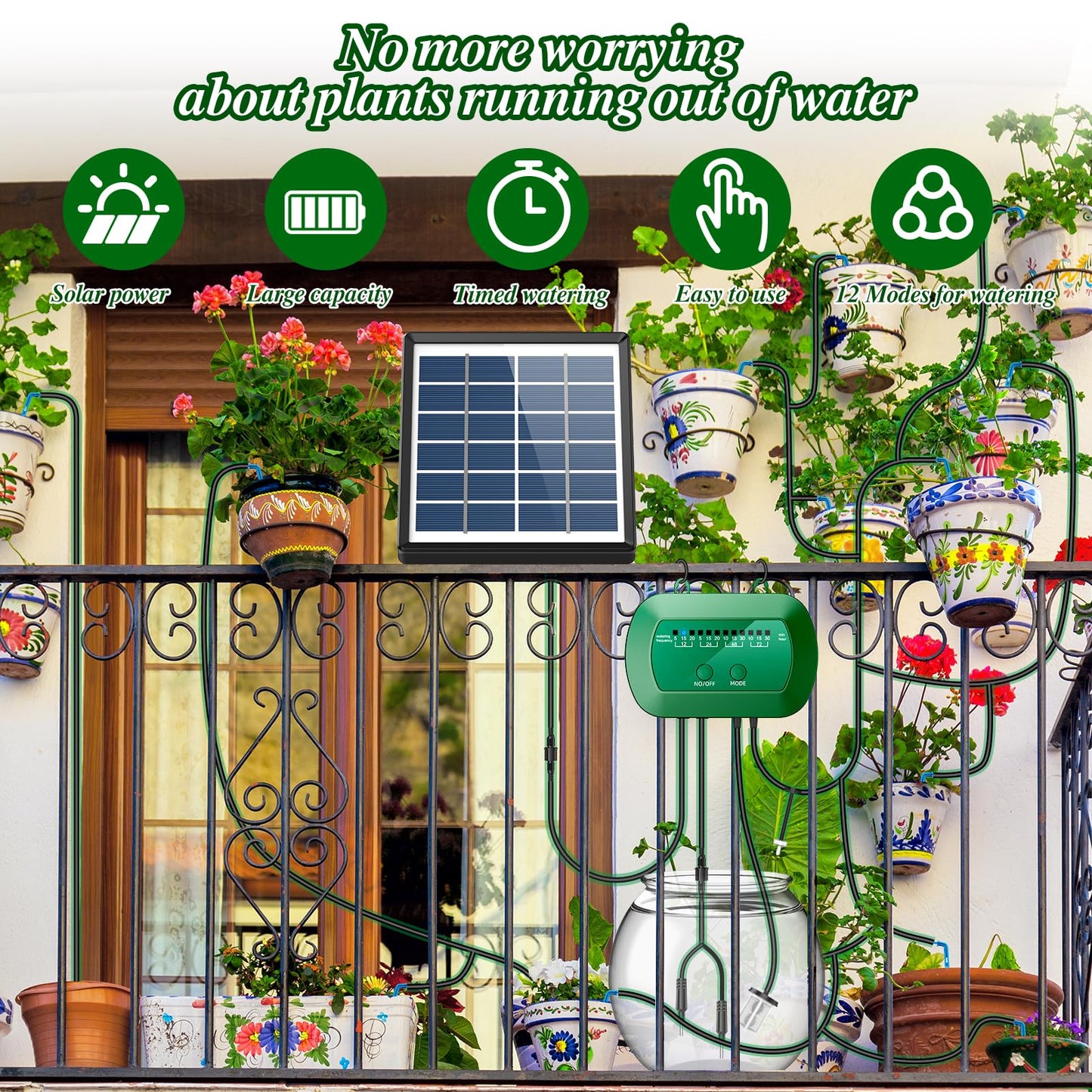 Sistema de Riego Solar para Jardín con 15 Micro Cabezales de Goteo.