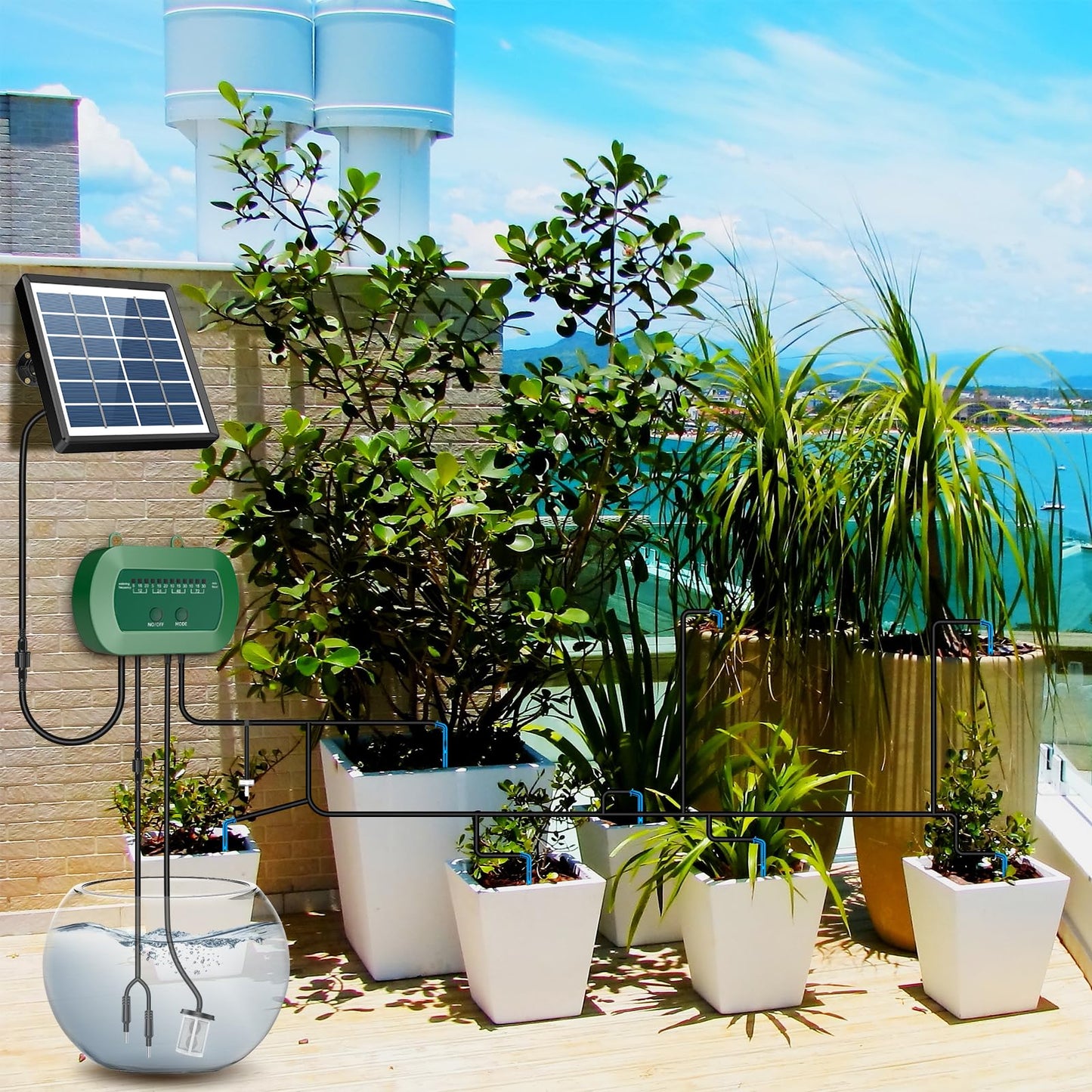 Sistema de Riego Solar para Jardín con 15 Micro Cabezales de Goteo.