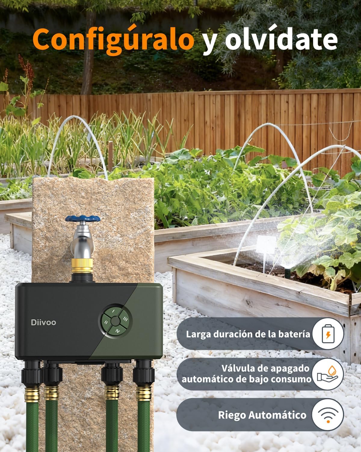 Diivoo Programador Riego WiFi 4 Zonas con Entrada de Latón, Compatible con Alexa/Google Assistant.