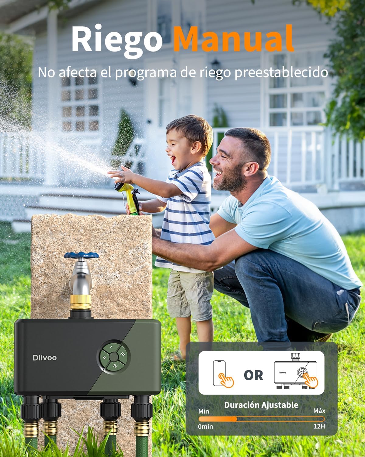Diivoo Programador Riego WiFi 4 Zonas con Entrada de Latón, Compatible con Alexa/Google Assistant.