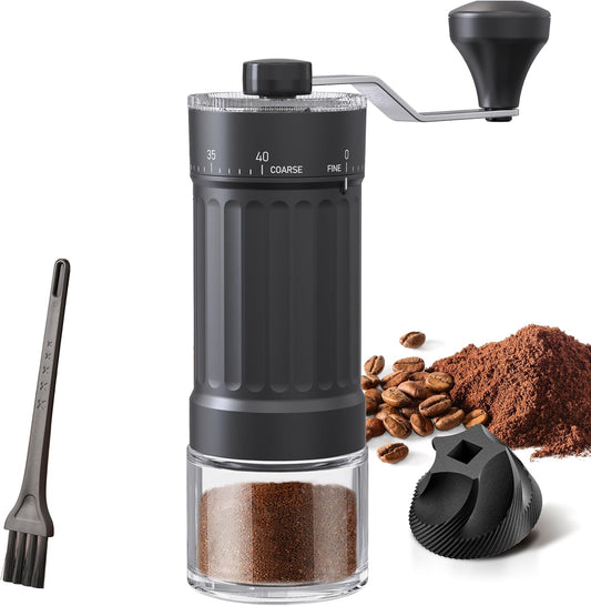 Molino de café manual externo y ajustable.