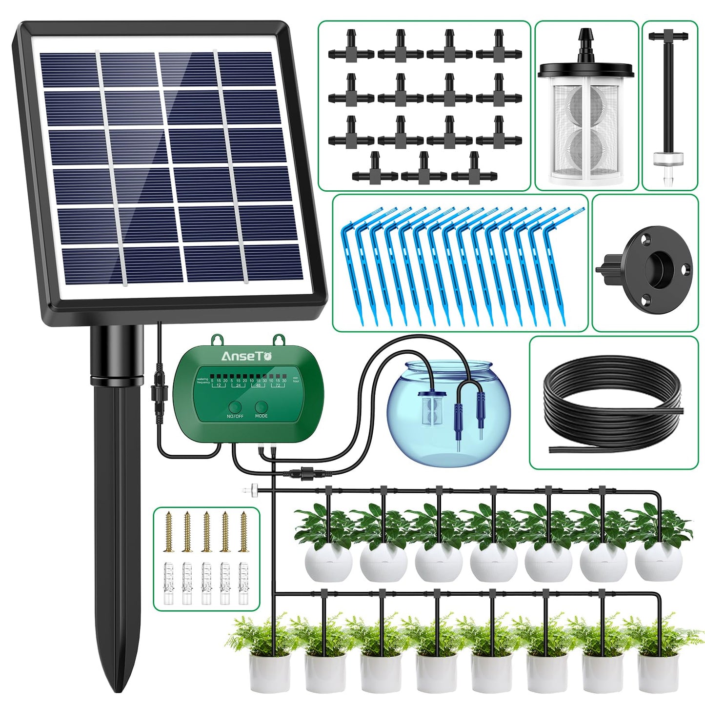 Sistema de Riego Solar para Jardín con 15 Micro Cabezales de Goteo.