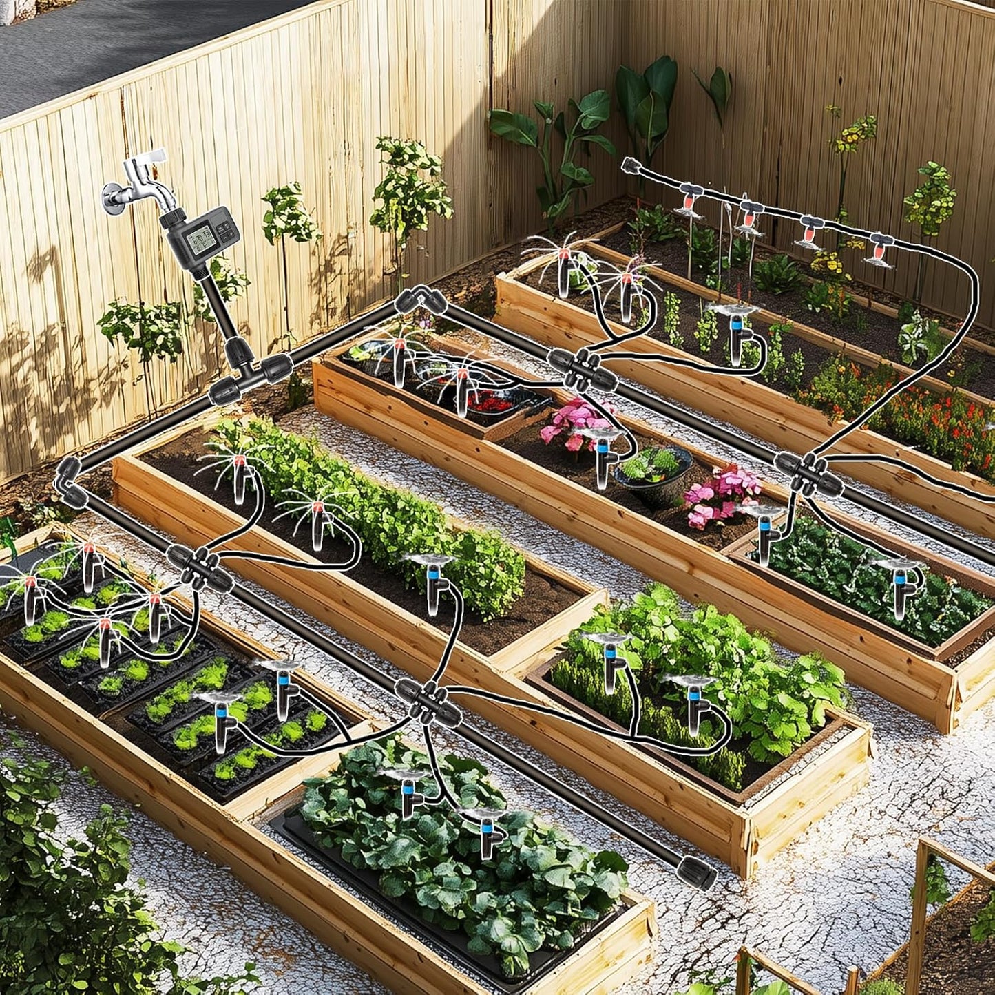 Sistema de riego por goteo 70M con temporizador para kit de jardín.