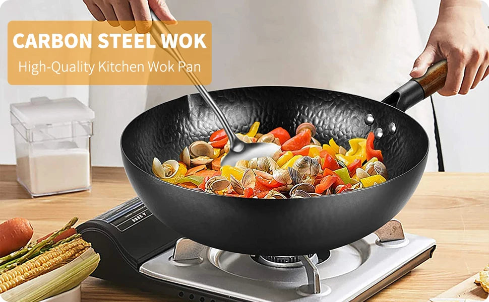 Sartén antiadherente de acero al carbono, Wok de 32cm con tapa